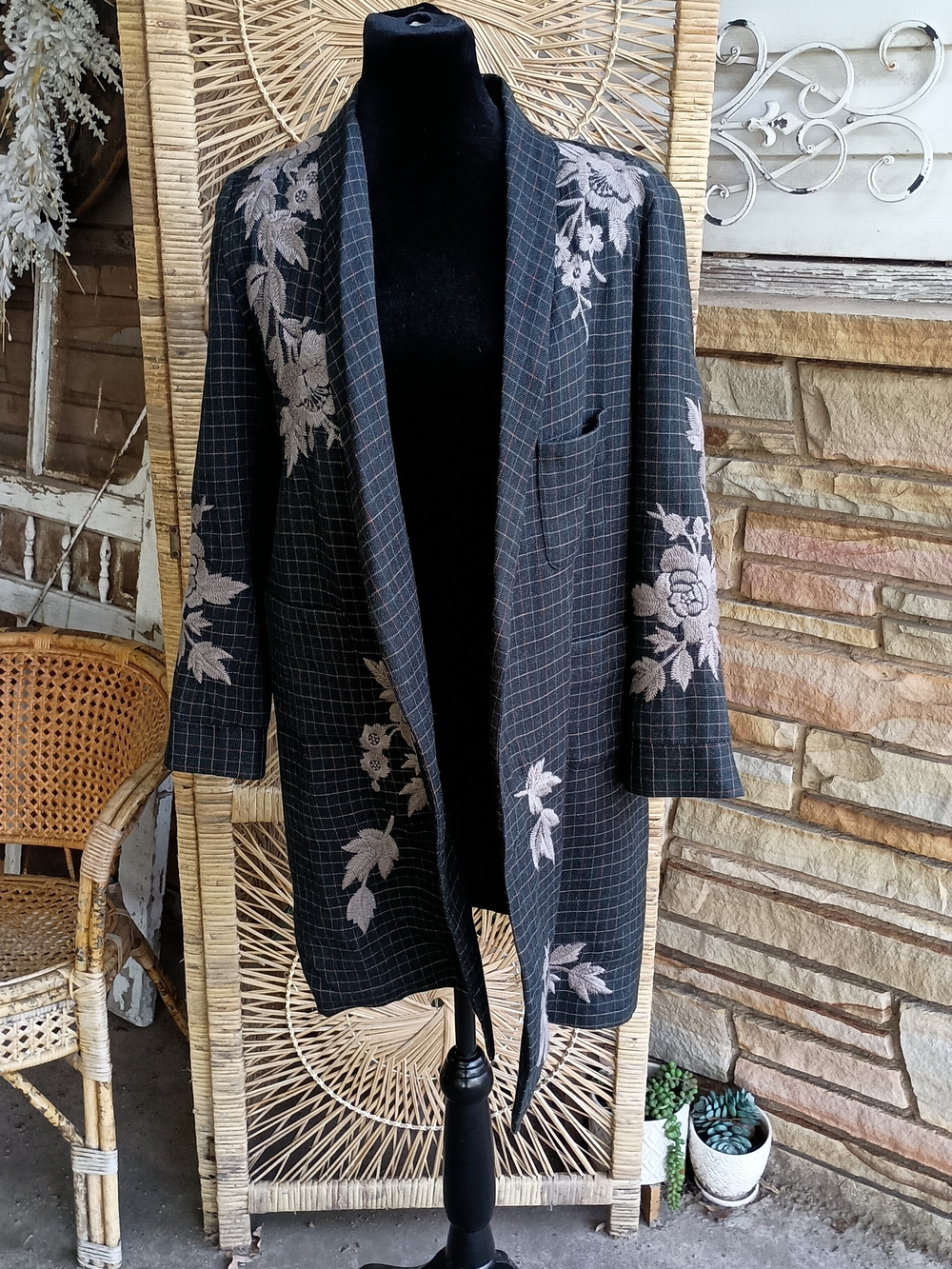 Johnny Was Floral Embroidered Black Plaid Open Front Coat_S